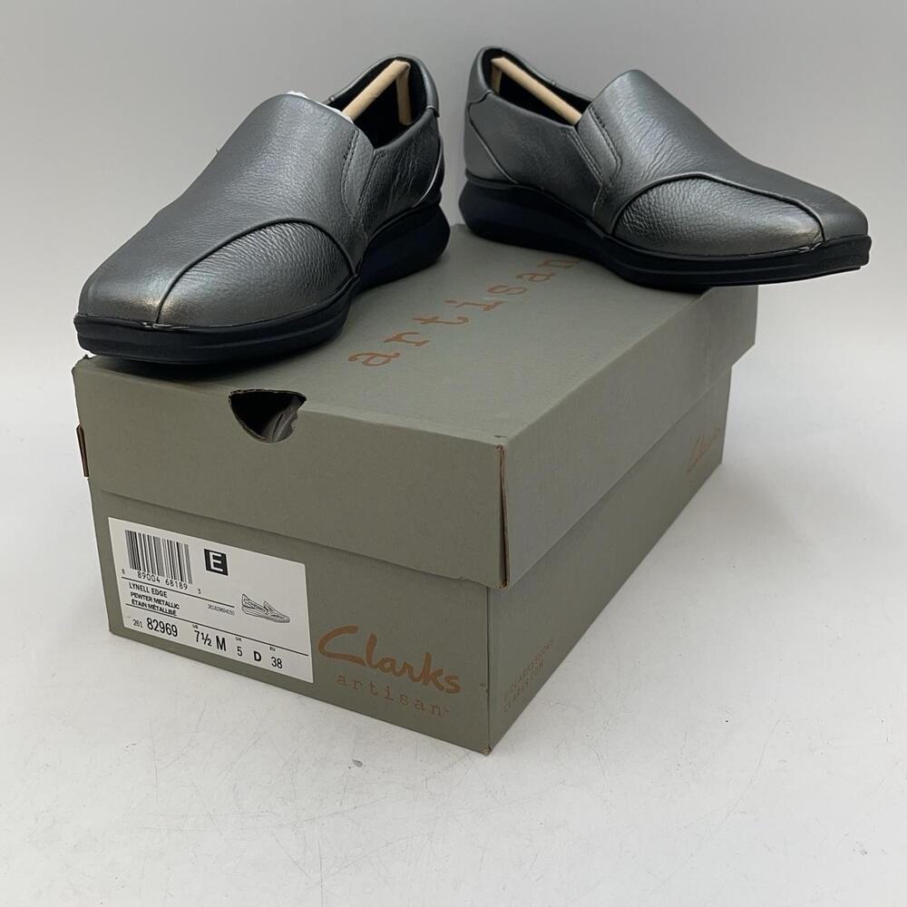 Clarks Lynell Edge Shoes Womens Pewter Metallic Silver Slip On Comfort Size 7.5